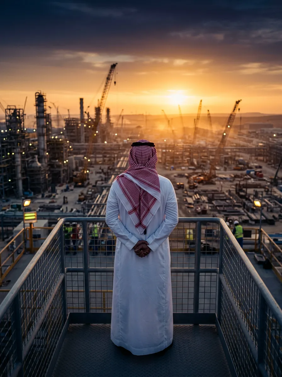 A man in Saudi national dress standing on a platform overlooking a petrochemical plant at sunset.