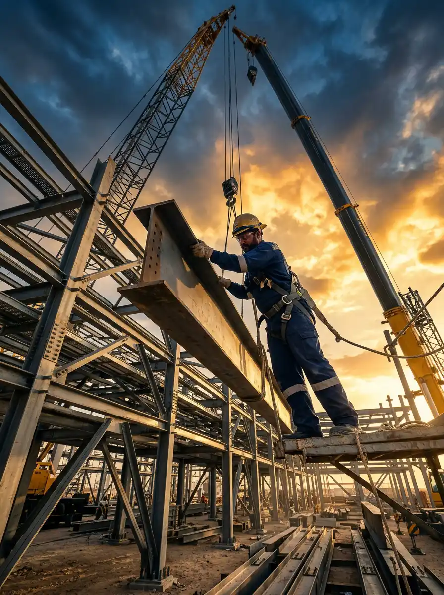 Ironworker guiding a steel beam into place on a structural frame at dusk.