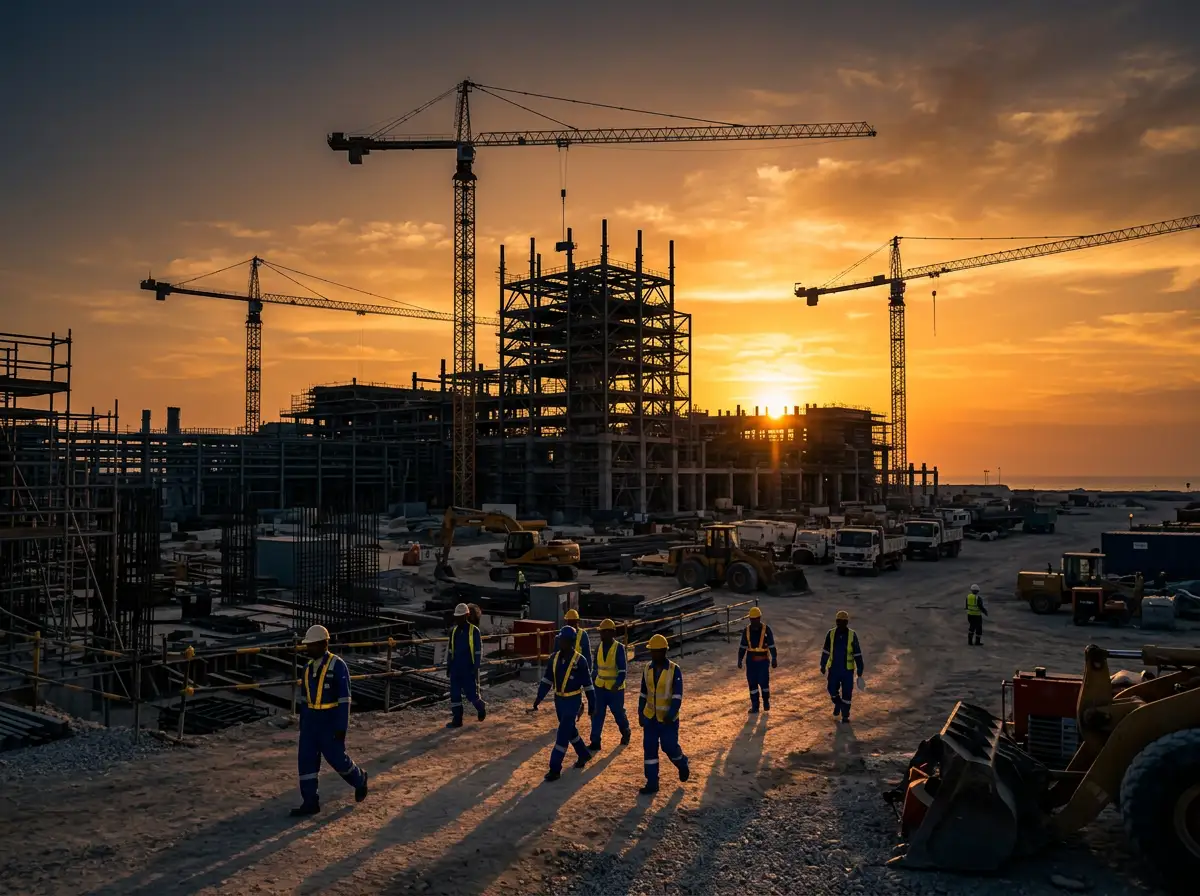 Construction site at sunset with tower cranes and a crew walking off shift.