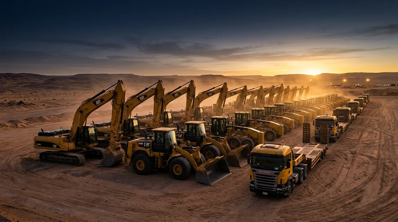 Row of excavators and haul trucks lined up on a desert site at sunrise.
