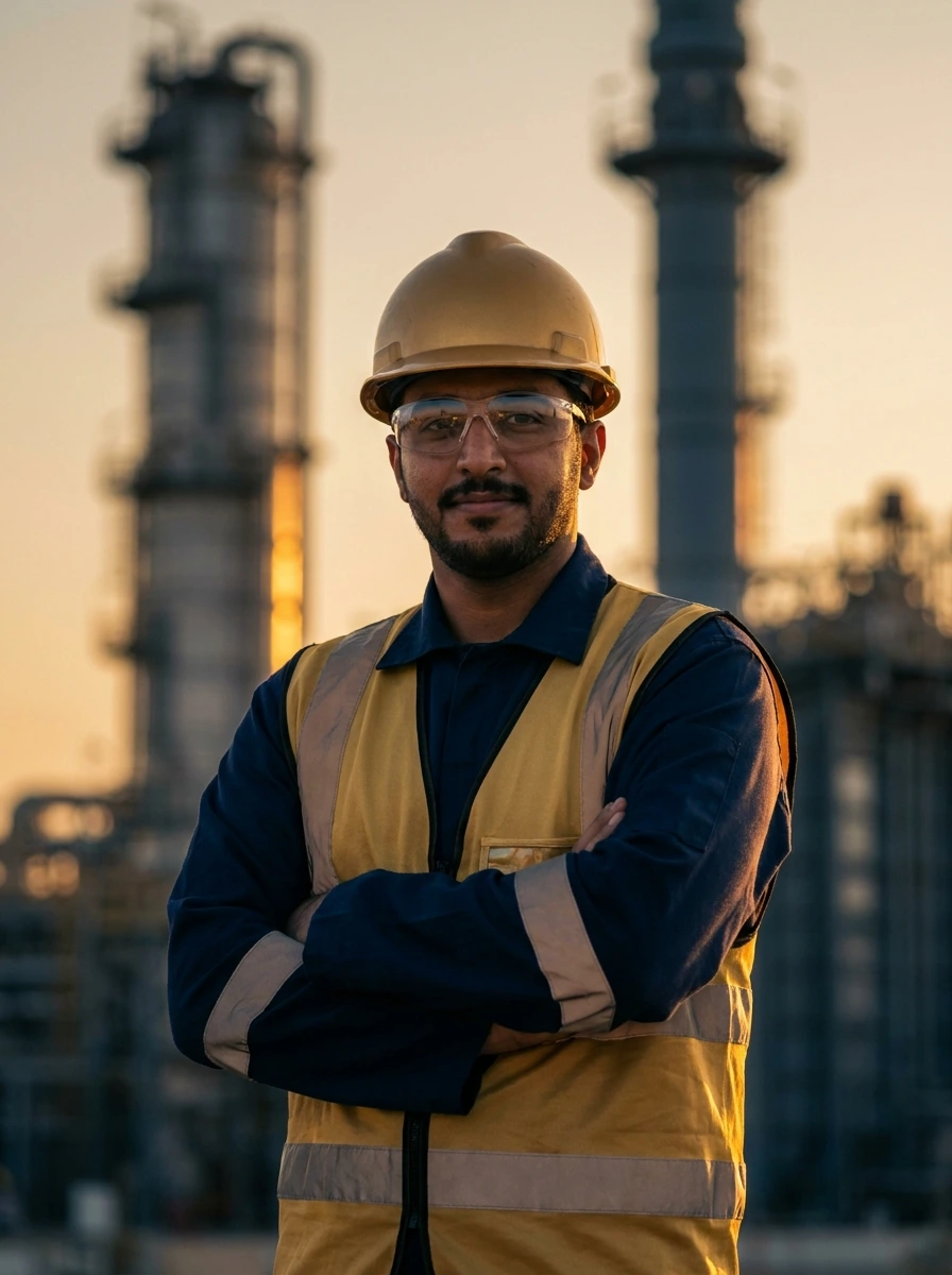 Site engineer in helmet and high-visibility vest standing in front of a refinery.