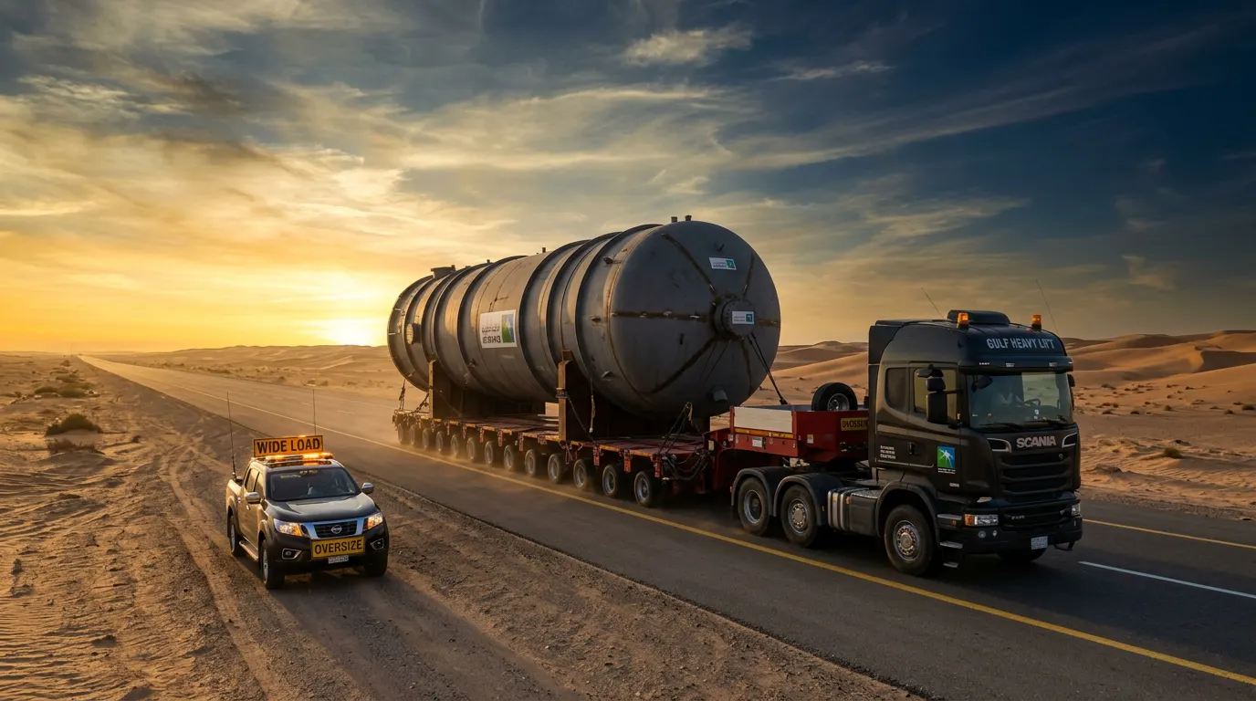 Escorted lowbed trailer carrying an oversized pressure vessel along a desert highway.
