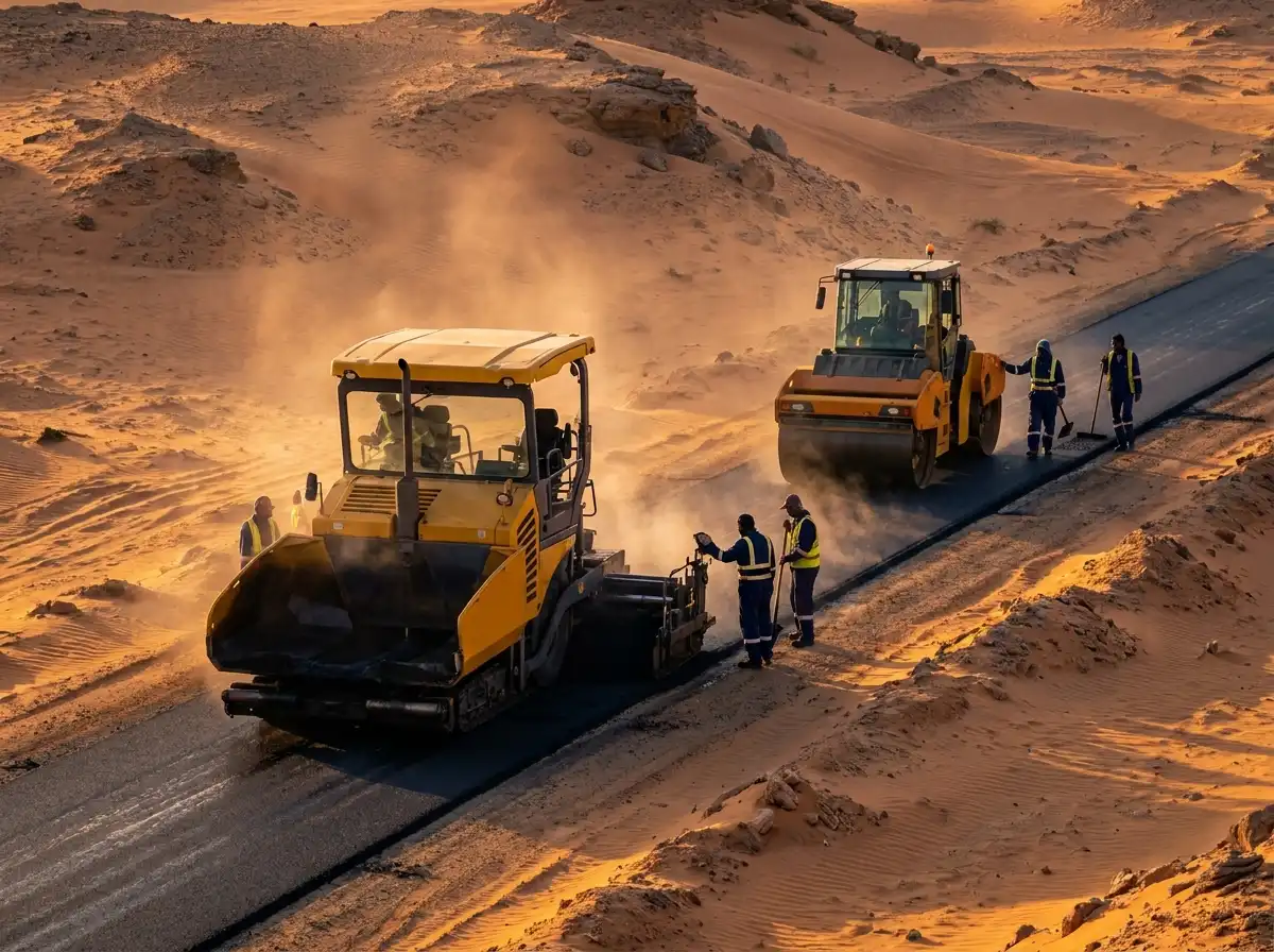 Asphalt paver and roller laying a new road across desert terrain.