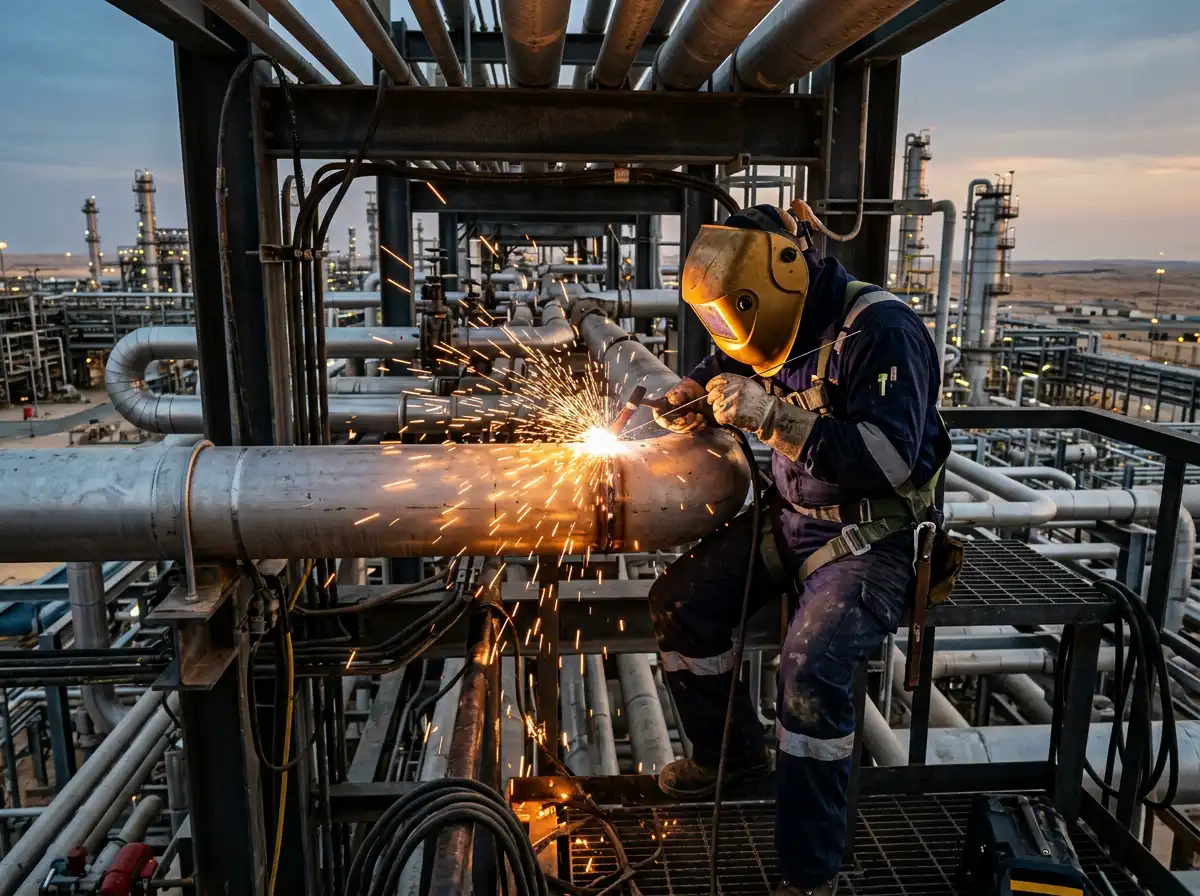 Welder working at height on a pipe joint inside a live process unit.