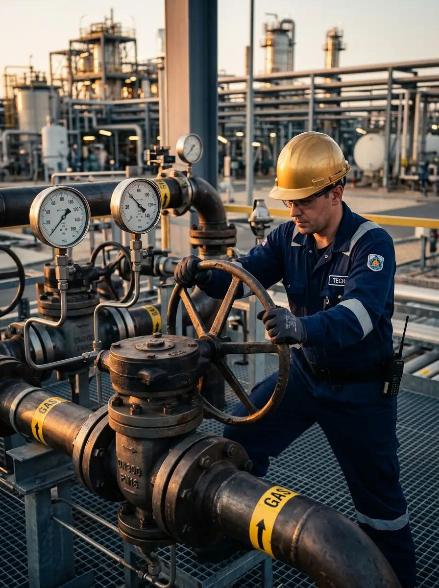 Technician operating a valve on process piping inside a plant.