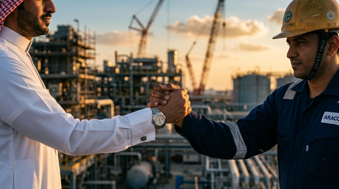 A client and an IPCC engineer shaking hands on site in front of a plant under construction.