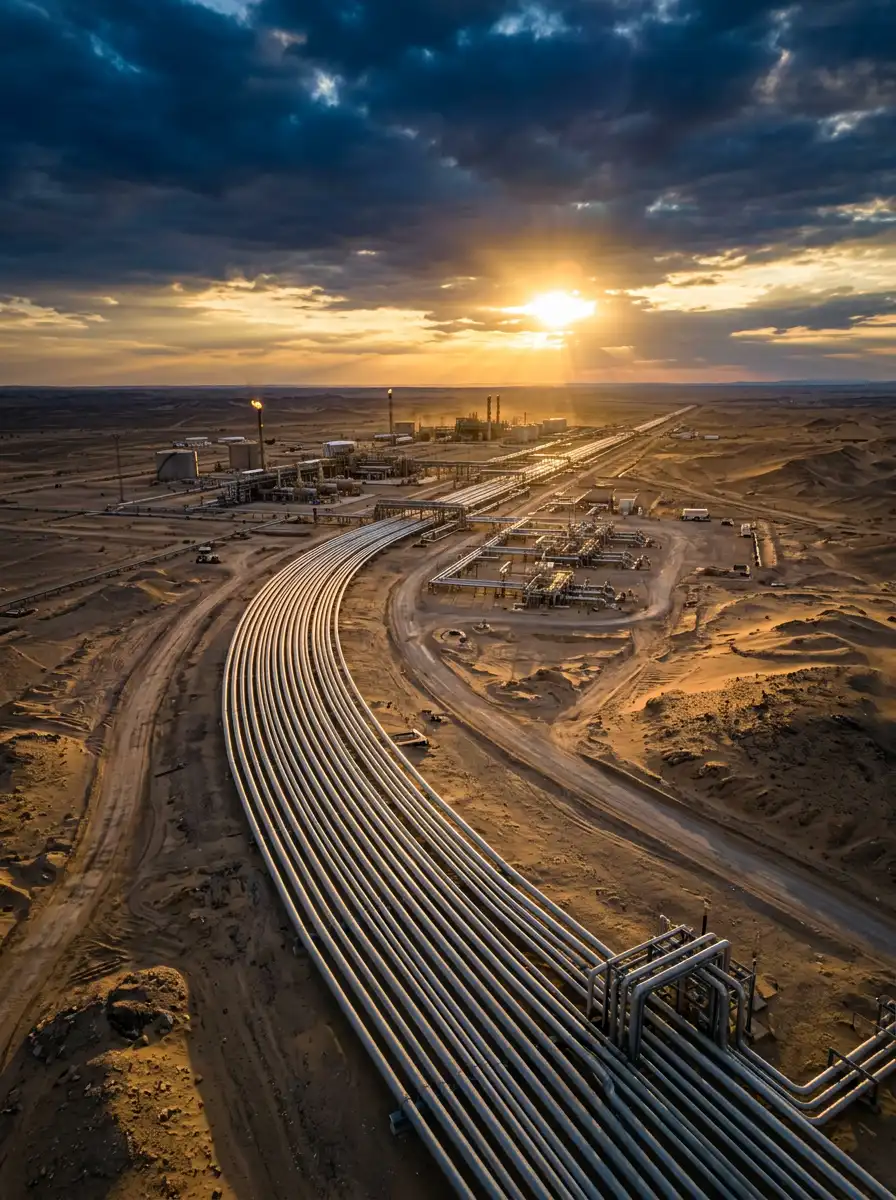 Aerial view of a pipeline corridor running across the desert toward a plant at sunrise.