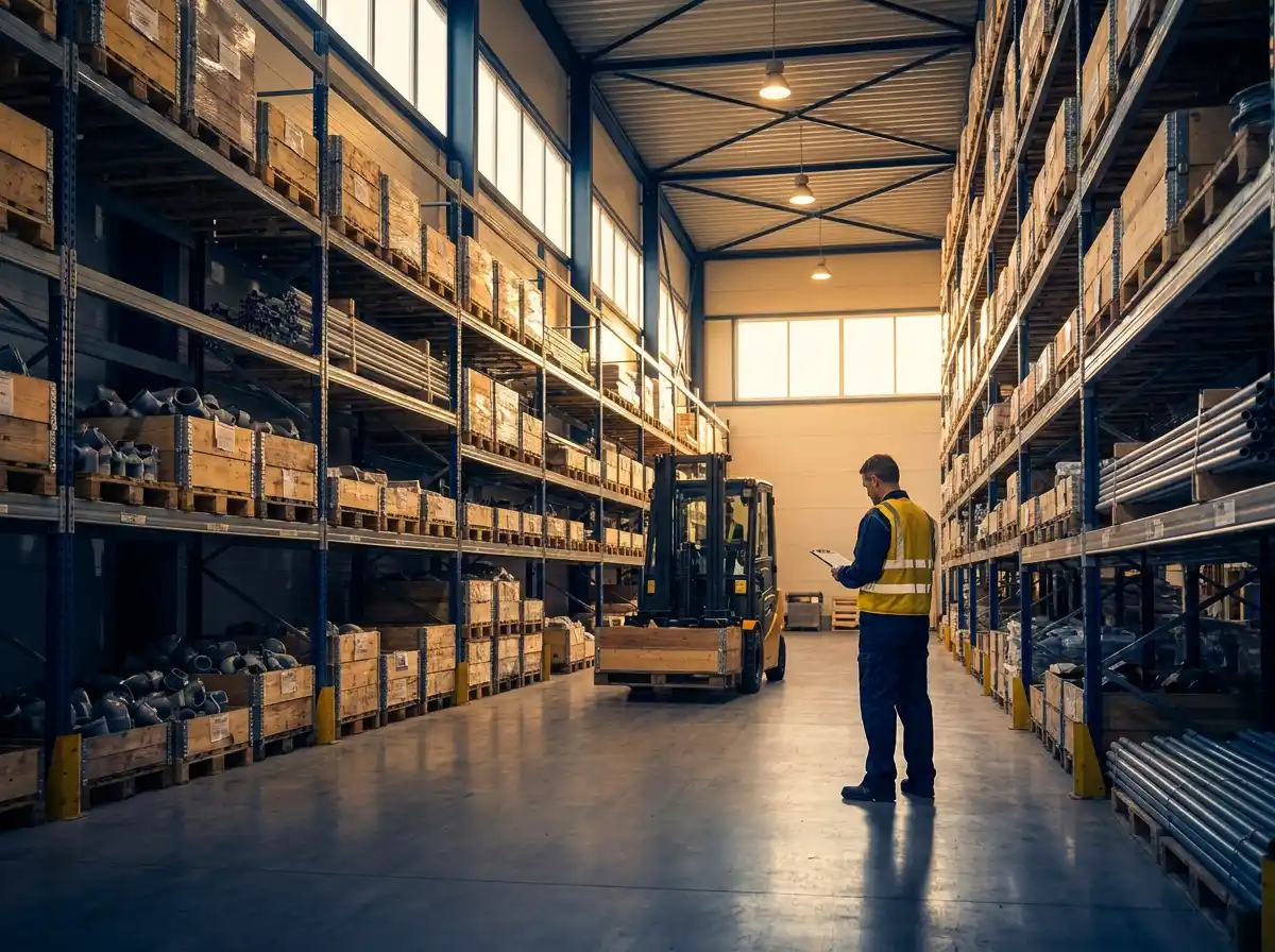 Warehouse aisle stocked with project materials, with staff checking inventory.