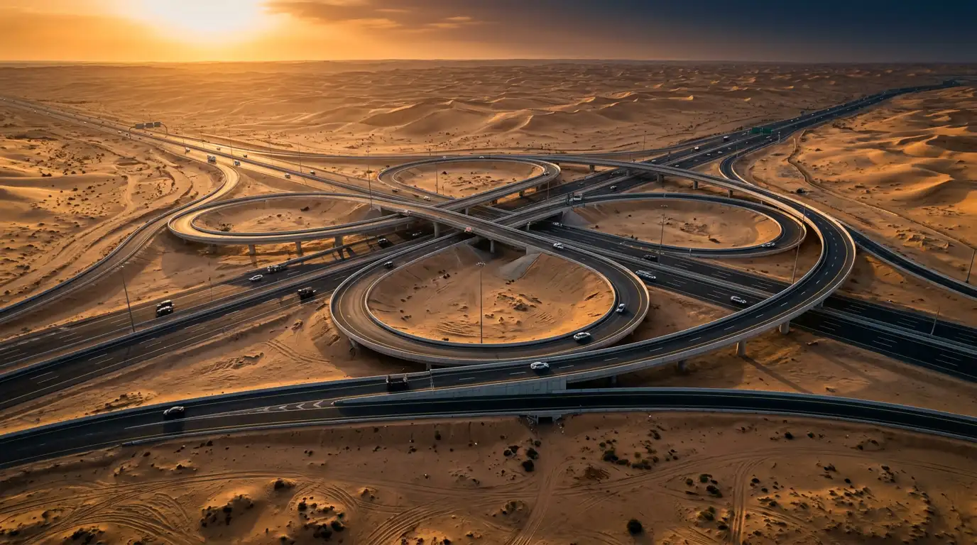 Aerial view of a completed highway interchange crossing open desert at sunrise.