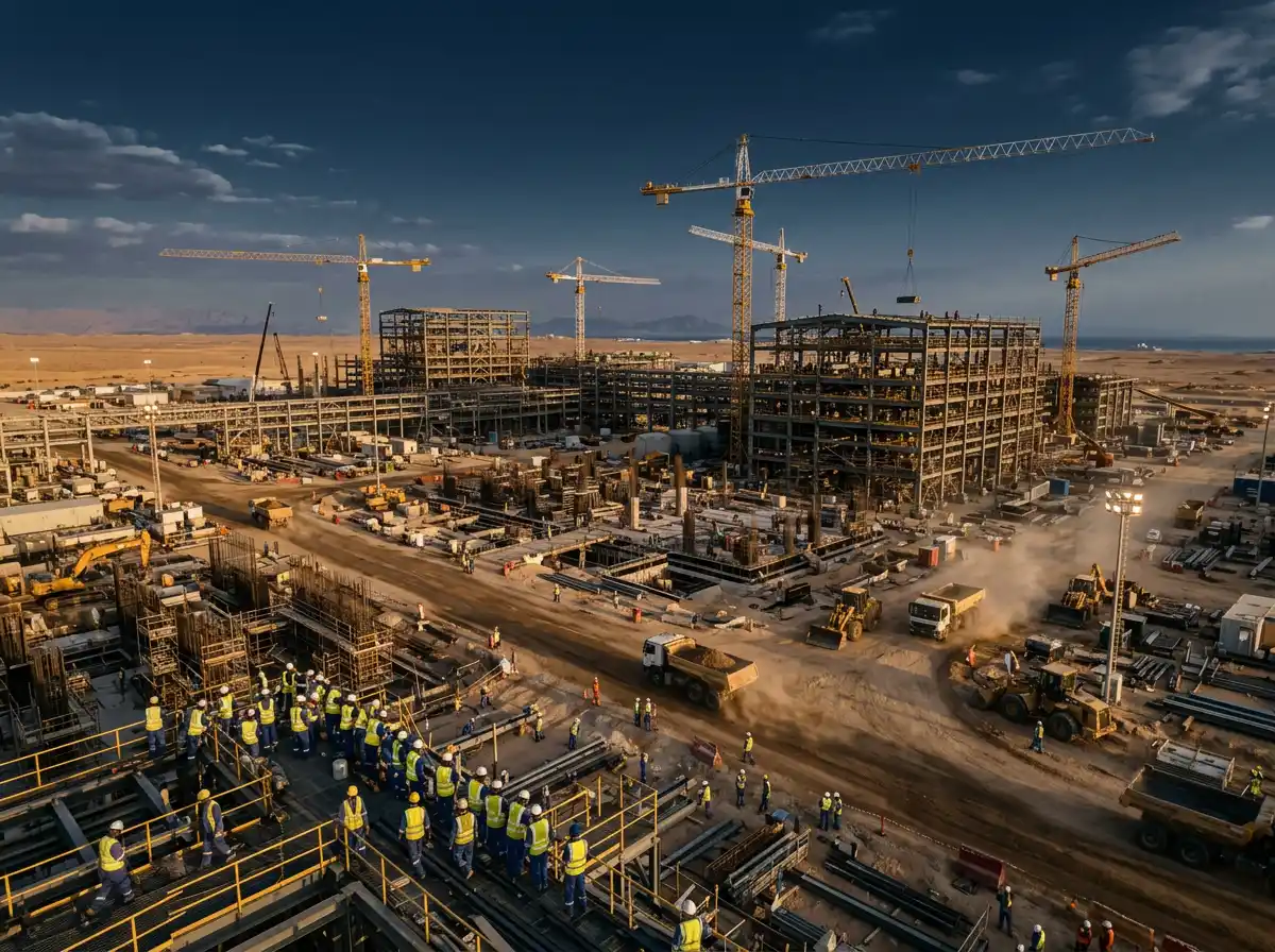 Large industrial construction site at dusk with tower cranes and a working crew.