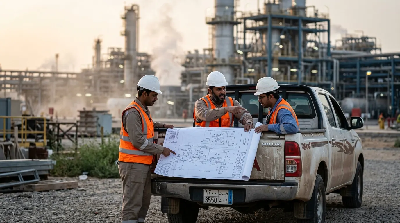 IPCC engineers reviewing project drawings on site in the Eastern Province