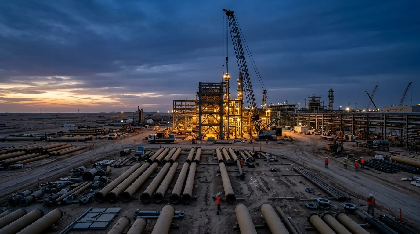 Civil and mechanical construction site at dusk in the Eastern Province