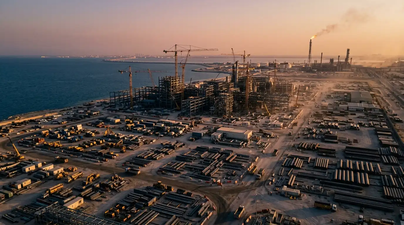 IPCC contracting site on the Gulf coast near Al Khobar at golden hour